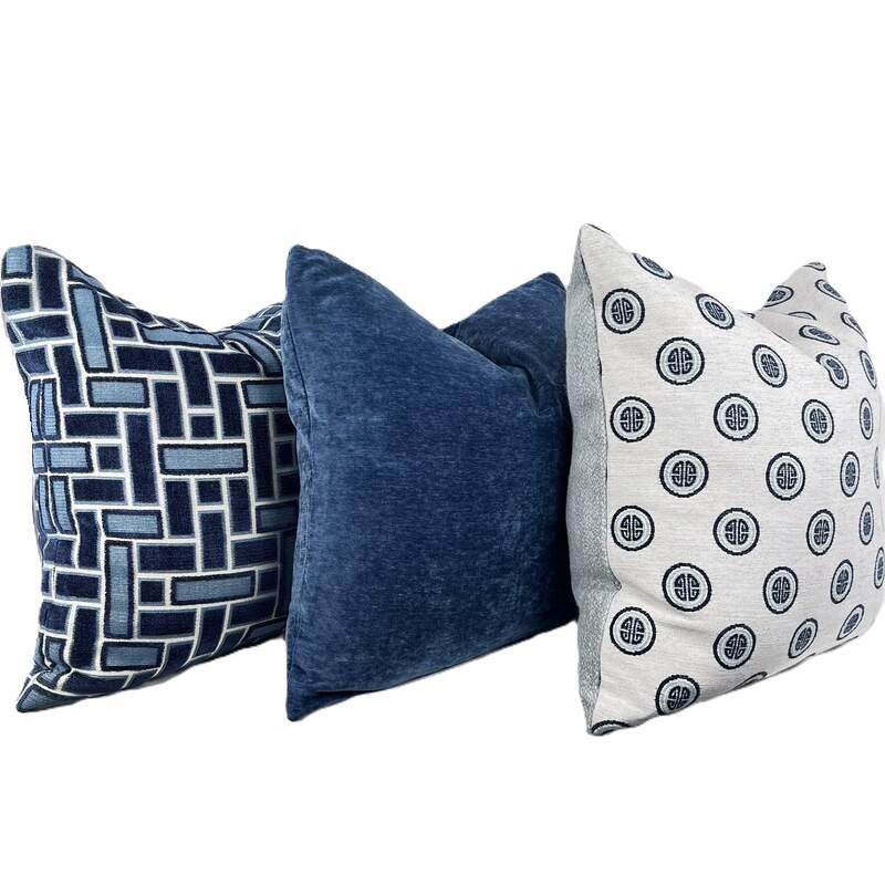 Pillows: Regal Fabrics Demi Indigo Cut Velvet, Crypton Lush Performance Velvet Storm Blue, Regal Fabrics Token Indigo Chinoiserie Medallion