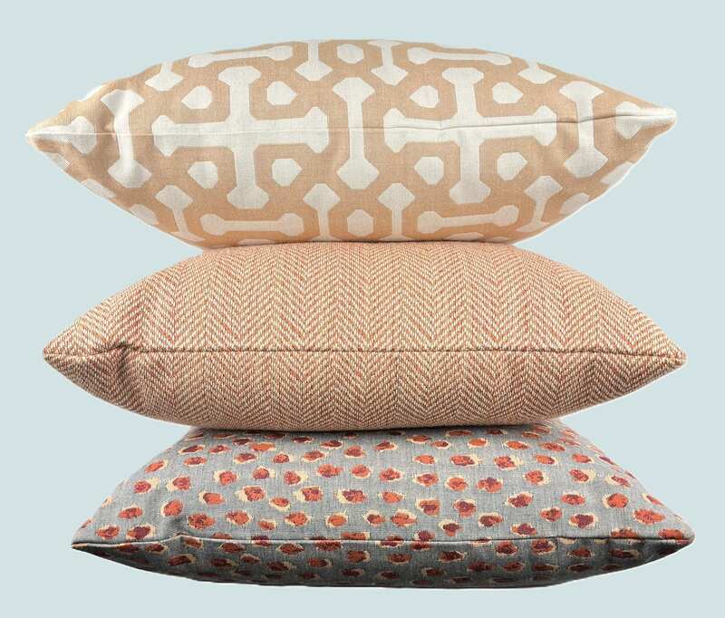 Pillow Stack: Perennials UV Elements Afterglow, Sunbrella Posh Coral, Sunbrella Fretwork Cameo